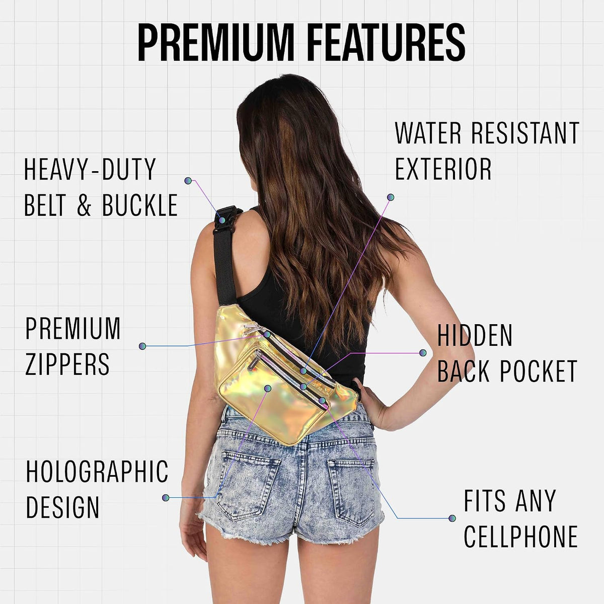 Holographic Fanny Pack Belt bag - Crossbody Waist Bag for Men or Women - Hands-Free, Waterproof Large Bumbag for Hiking, Running, and Travel (Gold)