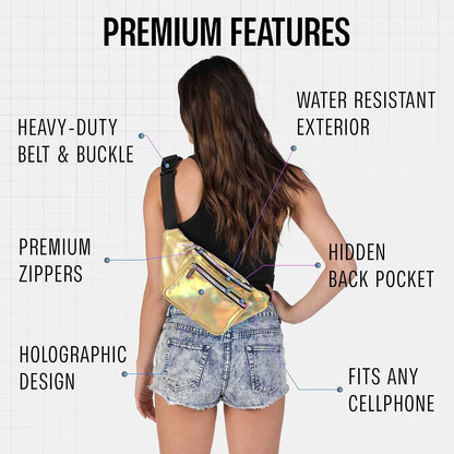 Holographic Fanny Pack Belt bag - Crossbody Waist Bag for Men or Women - Hands-Free, Waterproof Large Bumbag for Hiking, Running, and Travel (Gold)