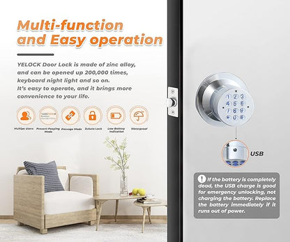 Keyless Electronic Entry Door Knob, Keypad Smart Door Knob, Interior Door Handle with Lock, Automatic Locking, Battery Backup, Backlight, Easy Installation, Great for Home, Hotel and Office