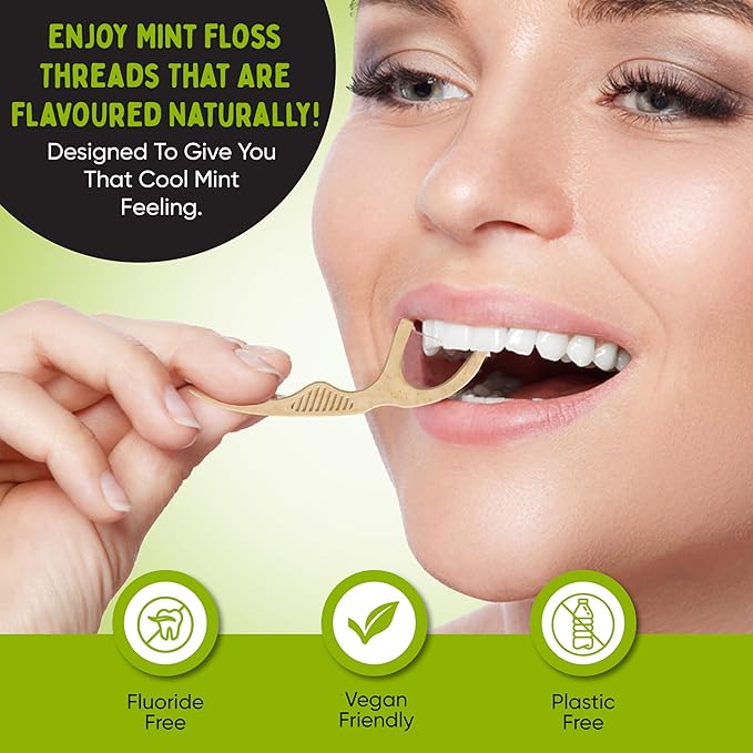 Dental Floss Picks, Biodegradable Handle, Kids Floss, Bamboo Floss, Natural Floss Non Toxic, Organic Floss, Gentle on Gums - Zero Waste, Vegan Organic, Eco Friendly, 100 Mint-Flavored Picks