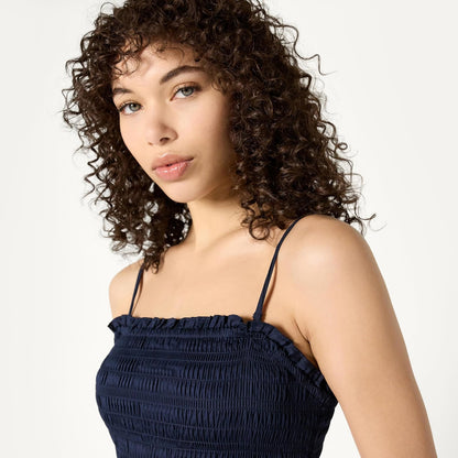 Essentials Women's Regular-Fit Cotton Sateen Smocked Bodice Dress