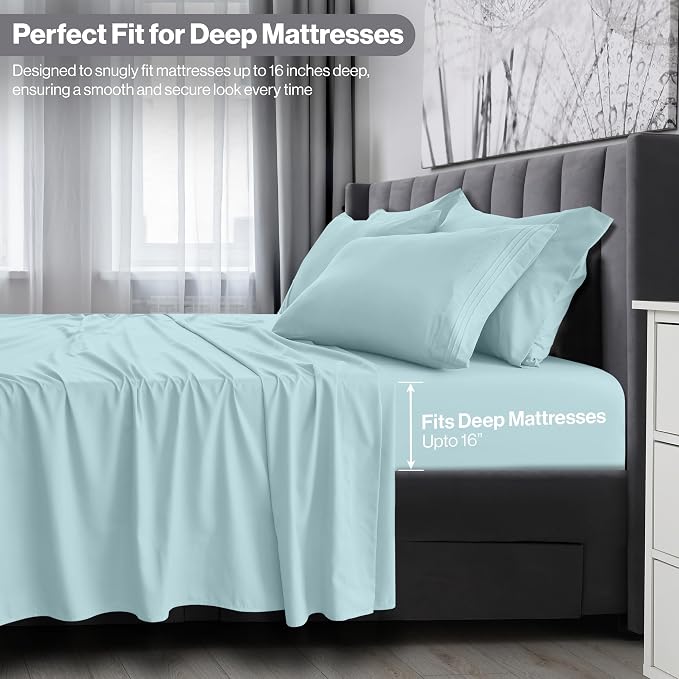 LUX Décor Queen Sheet Set - 4 Piece Ultra-Soft Microfiber Bed Sheets with Flat Sheet, 16 Inches Deep Pocket Fitted Sheet & 2 Pillowcases, Cooling & Breathable, Hotel Luxury, Oeko-TEX - Blue
