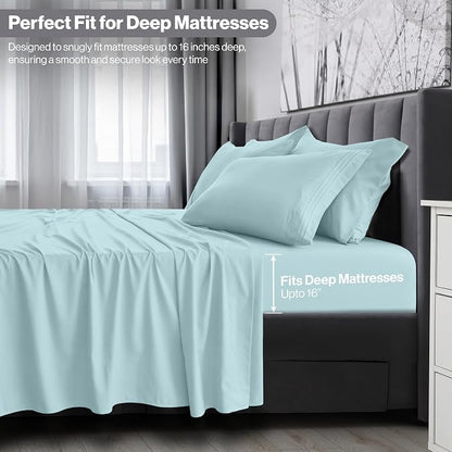 LUX Décor Queen Sheet Set - 4 Piece Ultra-Soft Microfiber Bed Sheets with Flat Sheet, 16 Inches Deep Pocket Fitted Sheet & 2 Pillowcases, Cooling & Breathable, Hotel Luxury, Oeko-TEX - Blue