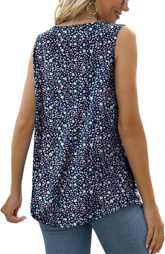 Saloogoe Summer Tank Tops for Women Loose Fit Pleated Tunics Scoop Neck Sleeveless Lace Tops Curved Hem Flowy