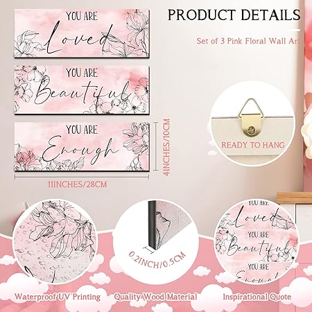 Yookeer 3 Pcs Floral Wooden Hanging Wall Art Inspirational Quotes You Are Beautiful Room Picture Decor Thank you Birthday Women Gift Teacher Assistant(4 x 11 Inch,Pink)