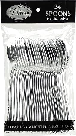 Plastic Cutlery Silverware Extra Heavyweight Disposable Flatware, Full Size Plastic Spoons Like Silver 24 Pack