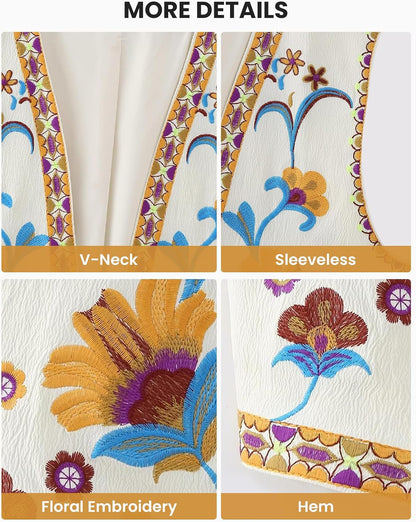 Wyeysyt Women Floral Embroidered Vest Vintage Sleeveless Boho Y2k Cardigan Open Front Cropped Waistcoat