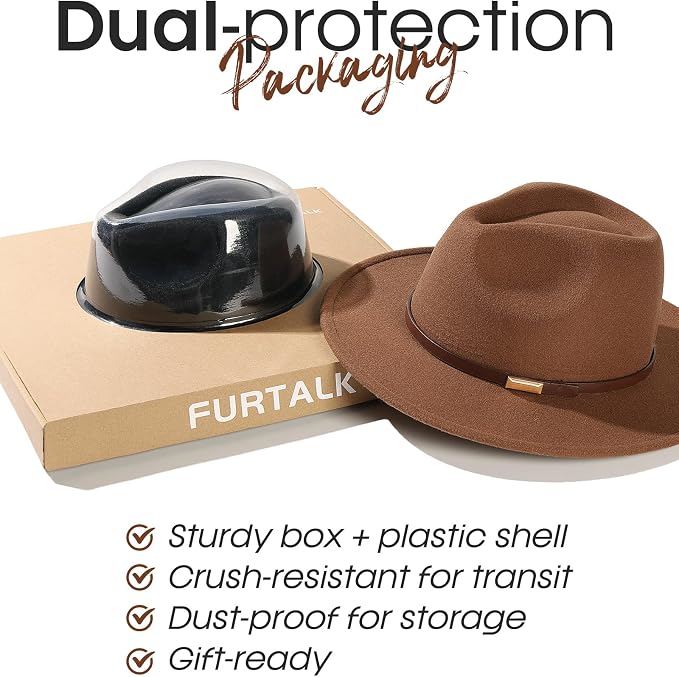 FURTALK Fedora Hats for Men Women Wide Brim Felt Panama Dress Hat with Belt Buckle Adjustable Size 7-7 3/8