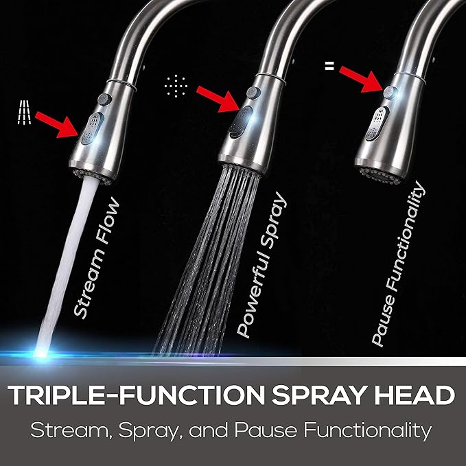 Mueller Single Handle Stainless Steel Kitchen Sink Faucet, High Arc, Single Lever, Pull-Out Sprayer Head, Stream Flow, Powerful Spray Kitchen Sink, with Deck Plate Brushed Nickel Finish