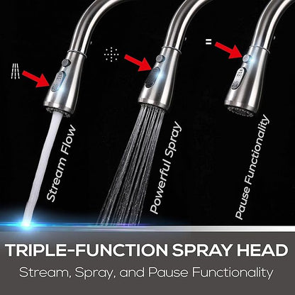 Mueller Single Handle Stainless Steel Kitchen Sink Faucet, High Arc, Single Lever, Pull-Out Sprayer Head, Stream Flow, Powerful Spray Kitchen Sink, with Deck Plate Brushed Nickel Finish