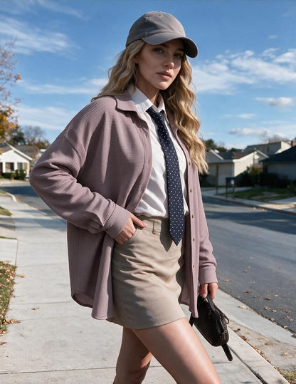 Waffle Button Down Shirts for Women Dressy Casual Work Shacket V Neck L