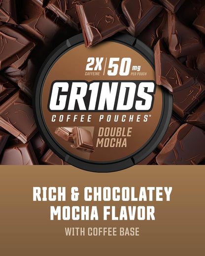 Grinds Coffee Pouches | Double Mocha Flavor | 3 Cans | Brew-Free Coffee Alternative | 18 Pouches Per Can