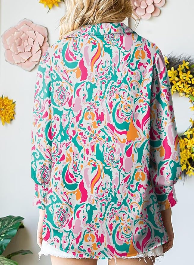 Astylish Women 2025 Loose V-Neck Shirts Paisley Print Lantern Sleeve Blouse Boho Tops