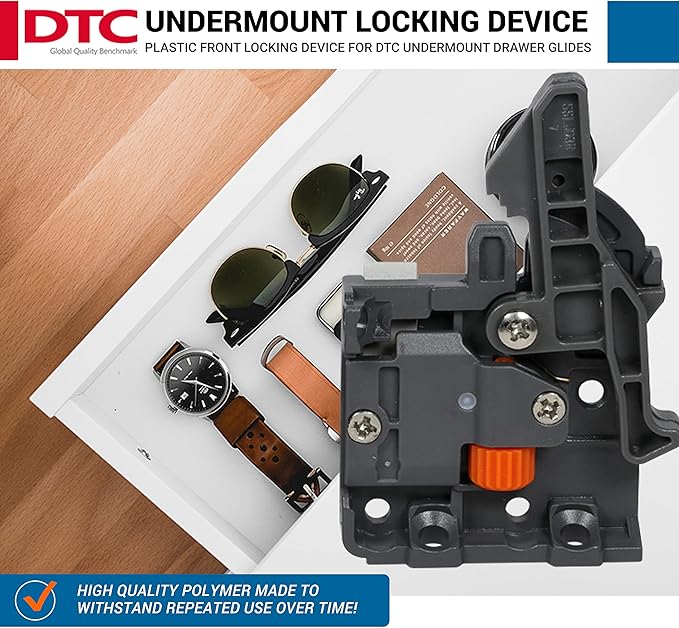 10 Pairs of DTC Undermount Drawer Slide Plastic Front Locking Device, Grey with Screws Included