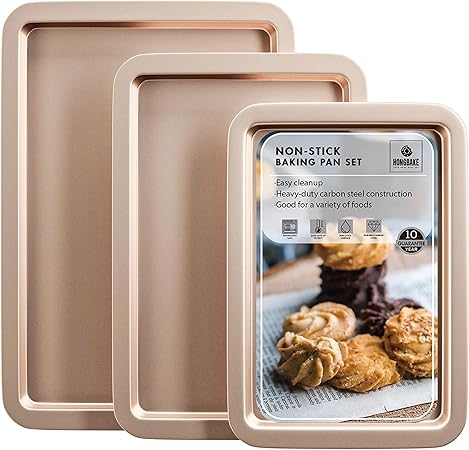 HONGBAKE Cookie Sheets, Baking Sheet Set, Nonstick Oven Pan with Wider Grips, 3 Pack HalfJelly RollQuarter Baking Tray, Premium  Dishwasher Safe