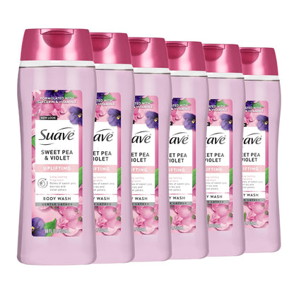Suave Moisturizing Body Wash, with Sweet Pea Violet and Vitamin E Extract, No Parabens, No Phtahaltes, 18 Fl Oz (Pack of 2)