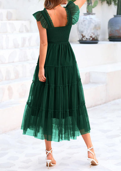 Women's Summer Tulle Midi Dress Sleeveless Smocked Ruffle Flowy Mesh Dresses