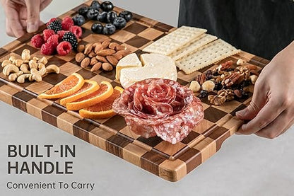 Cutting Boards for Kitchen, Design in USA Large Acacia Wood Chopping Board, Checkered Cutting Board with Juice Grooves & Handles, Butcher Block Serving Tray with Gift Box, 17" x 12" x 0.8"