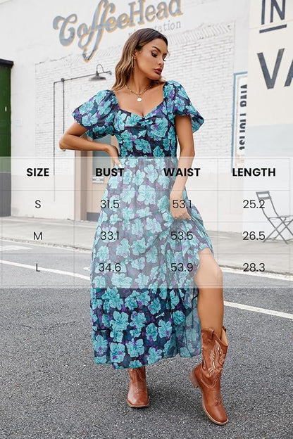Women Floral Maxi Dress Short Puff Sleeve V Neck Bohemian Flowy Dress Smocked Casual Spring Summer Dresses
