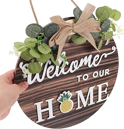 LUOZZY Wooden Welcome to Our Home Hanging Sign for Front Door Interchangeable Farmhouse Welcome Sign Rustic Wooden Hanging Sign with Changeable Ornaments