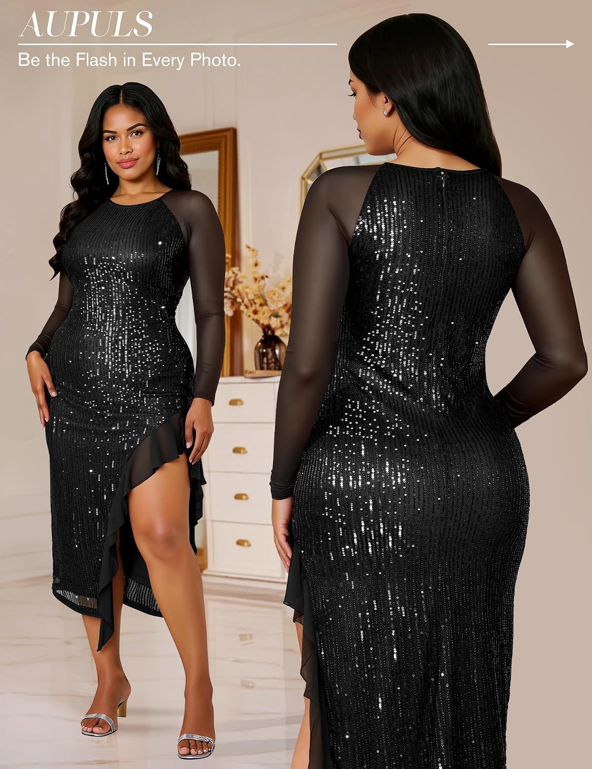 Aupuls Womens Sparkly Prom Dress with Sleeves Cocktail Dresses for Women Semi Formal