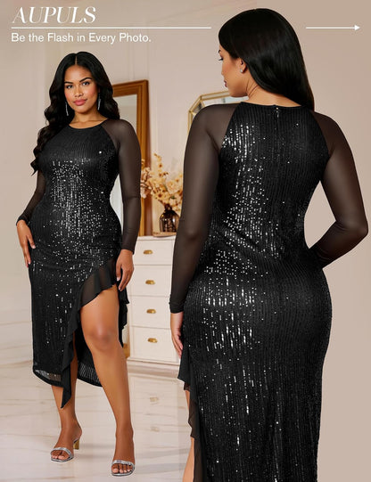 Aupuls Womens Sparkly Prom Dress with Sleeves Cocktail Dresses for Women Semi Formal