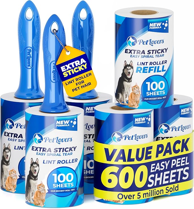 PetLovers Extra Sticky Lint Roller Mega Value Set 500 Sheets for Pet Hair Removal, Dog and Cat Lint Remover 5 Pack