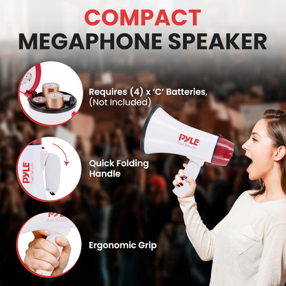 Pyle 20W Megaphone Bullhorn - 5.4'' x 8.6'' Portable Megaphone, Projection Range 1000 Sq. Yards, Voice Talking & Siren Alert, Shoulder Strap, Battery Operated, (White) (Product in good condition; box is damaged)