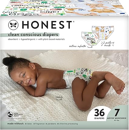 The Honest Company Clean Conscious Diapers  Plant-Based, Sustainable  Barnyard Babies  Its A Pawty  Club Box, Size 7 (41 lbs), 36 Count