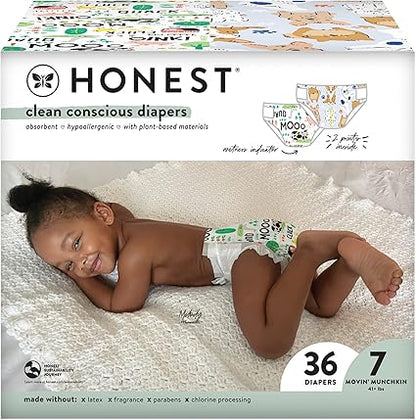 The Honest Company Clean Conscious Diapers  Plant-Based, Sustainable  Barnyard Babies  Its A Pawty  Club Box, Size 7 (41 lbs), 36 Count