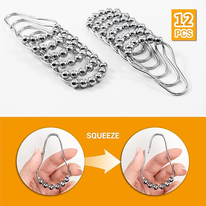 ikloo Shower Curtain Hooks for Bathroom, Decorative Curtain Rings for Shower Rods, Metal Shower Hook for Curtains, Rust Proof Stainless Steel, Shower Curtain Hangers, Set of 12, Chrome