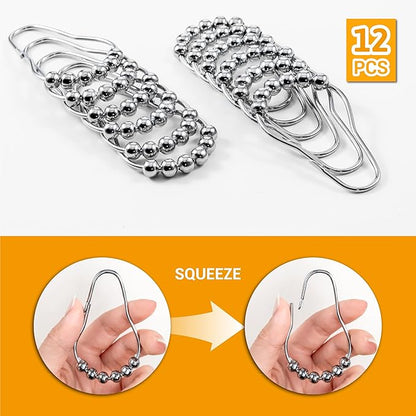 ikloo Shower Curtain Hooks for Bathroom, Decorative Curtain Rings for Shower Rods, Metal Shower Hook for Curtains, Rust Proof Stainless Steel, Shower Curtain Hangers, Set of 12, Chrome