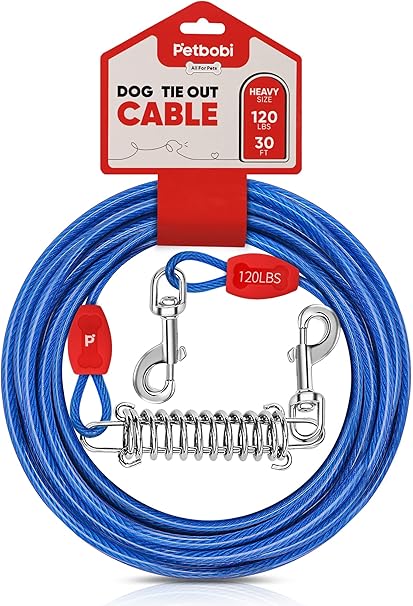 Petbobi Dog Tie-Out Cable 30ft - Outdoor Leash 4mm Metal Cable with Shock Absorbing Spring 360 Swivel Clips, Chain for Dogs Yard Camping, Fit Small Medium Large Pets Up to 120lbs, Blue