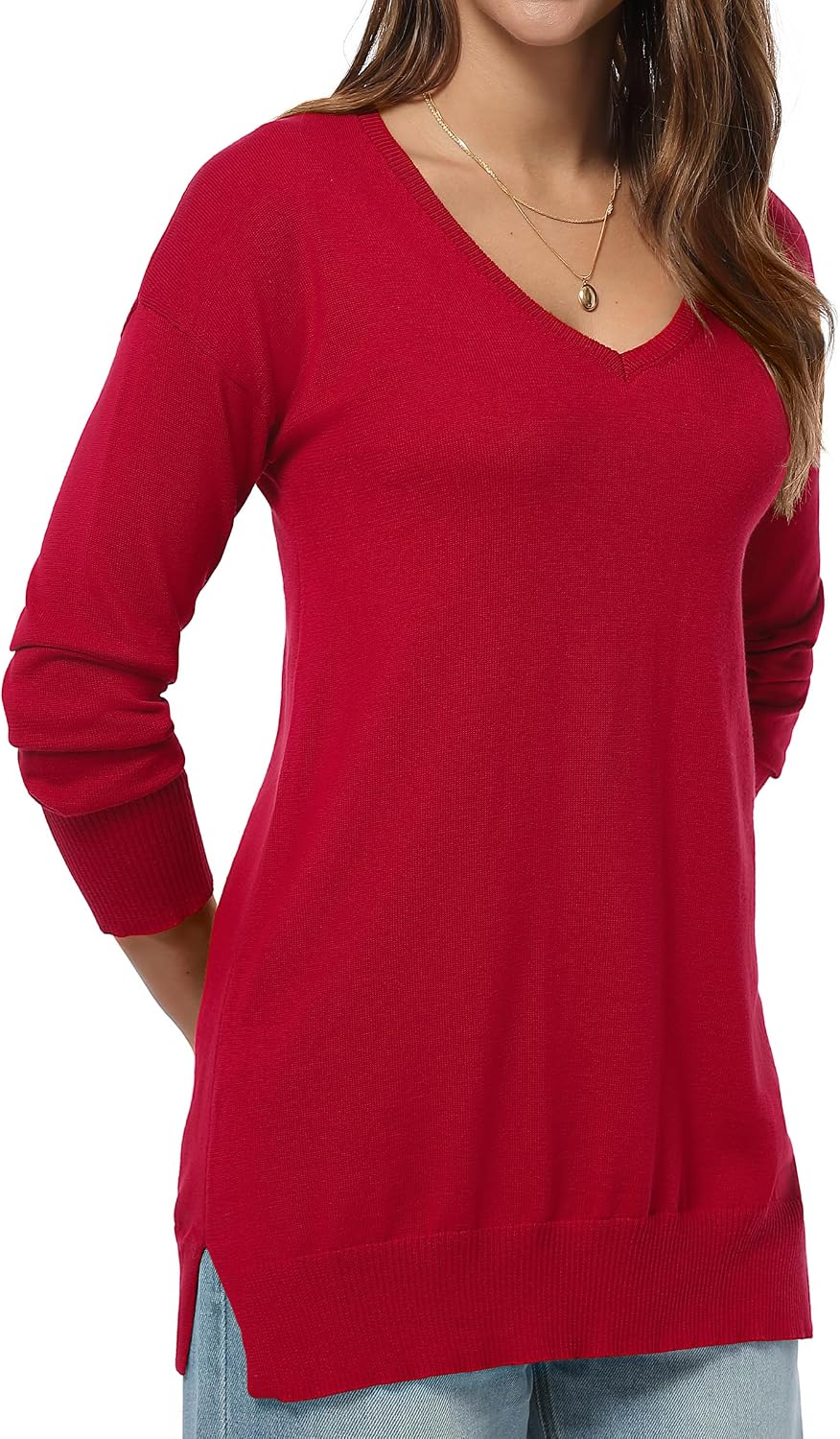 QUALFORT Women's V-Neck Long Sweater Lightweight Pullover Tunic Cotton Sweaters Long Sleeve Knit Comfort Causal Tops