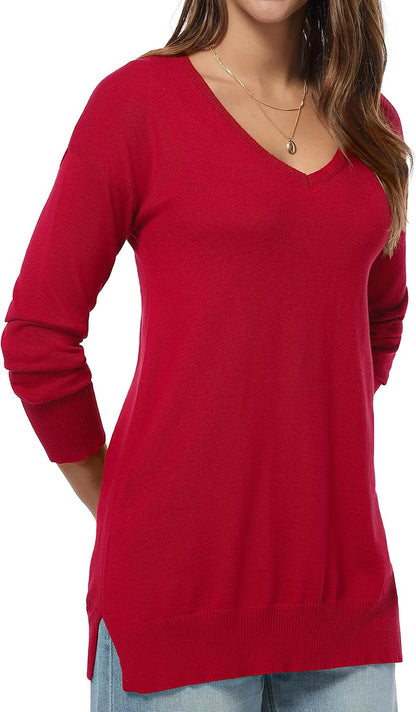 QUALFORT Women's V-Neck Long Sweater Lightweight Pullover Tunic Cotton Sweaters Long Sleeve Knit Comfort Causal Tops