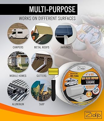 Ziollo RV Flex Repair Tape - Roof Seam Tape to Seal and Waterproof, Bond to EPDM Rubber with Butyl Sealant, Seal Vents and Skylights on Motorhomes, Trailers, Campers (White, 4-inch x 50 Foot Roll)