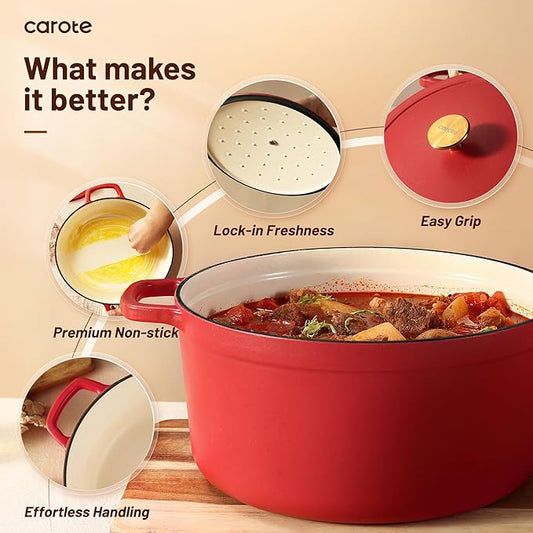 CAROTE Cast Iron Dutch Oven Pot with Lid, Enameled Dutch Oven for Bread Baking, Dual Handles, Heavy-Duty Cast Iron Pot, 5QT, Red
