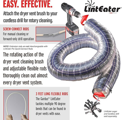 Dryer Cleaning Kit Extension Rods - Gardus R3203612 12' Extension Kit for Gardus RLE202 LintEater Rotary Dryer Vent Cleaner Kit, Dryer Vent Cleaning System Extends Up to 12 with 4 Flexible 3' Rods