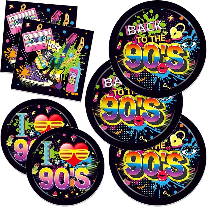 CC HOME 90s Birthday Paper Plates Napkins Back to The 1990s Disposable Tableware Set Hip Hop Baby Shower Party Supplies Tissue 90's Theme Cutlery Sets Serves 24 Guests for Party Plates Napkins 88PCS