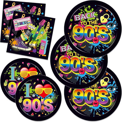 CC HOME 90s Birthday Paper Plates Napkins Back to The 1990s Disposable Tableware Set Hip Hop Baby Shower Party Supplies Tissue 90's Theme Cutlery Sets Serves 24 Guests for Party Plates Napkins 88PCS