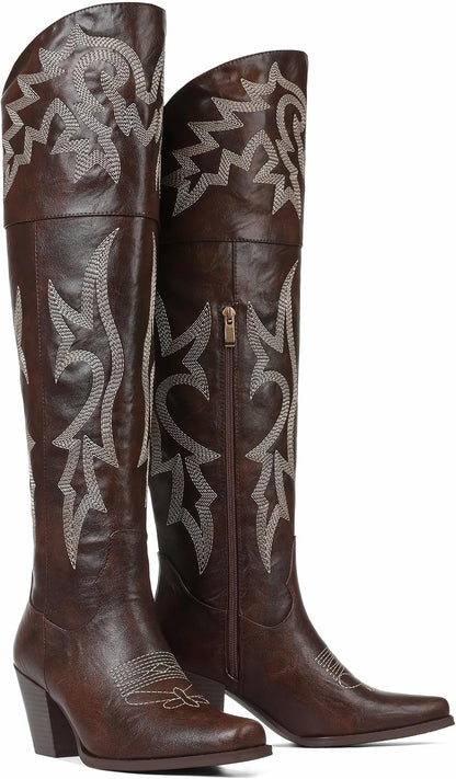 Eteridrey Over The Knee Boots for Women Cowboy Boots Pointed Toe Chunky Cowgirl Boot Classic Embroidered Western Boot