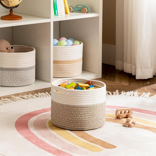 UBBCARE 2 Pack Small Basket for Organizing, Round Woven Basket With Handles, Small Storage Basket for decor, Beige  Brown Cotton Rope Basket (9.5" x 9.5" x 7.1")