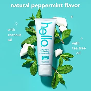 hello Antiplaque and Whitening Fluoride Free Toothpaste, Whitening Toothpaste with Coconut Oil and Tea Tree Oil, Helps Whiten Teeth, Natural Peppermint, 4.7 Oz Tube