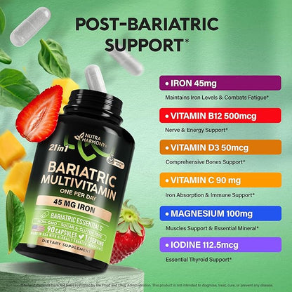 Bariatric Multivitamin - 45 mg Iron Supplements - Made in USA - for Women  Men - All-in-One, 21 Essential Vitamins - Gastric Sleeve Support - Free of Sugar, Gluten  Soy - 90 Capsules, Once Daily