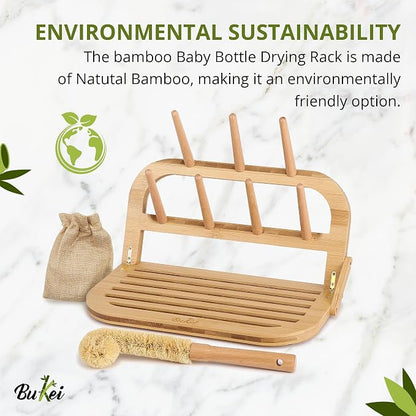 Bamboo Baby Bottle Drying Rack - Space Saving Bottle Dryer & Holder (no brush included)