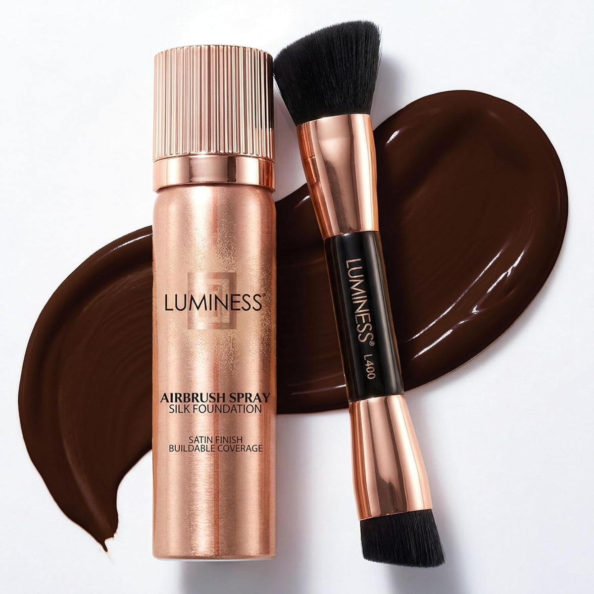 LUMINESS Silk Airbrush Spray Foundation 2-PC Kit - Foundation & Dual-Sided Angled Makeup Brush - Buildable Coverage, Anti-Aging Formula, Humidity Resistant, Hydrates & Moisturizes, Fair