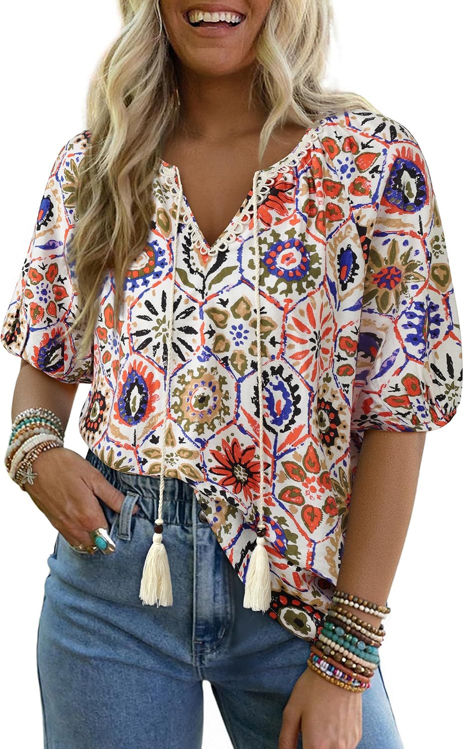 Vivilli Womens Summer Boho Tops Casual V Neck Short Sleeve Blouses Floral Print Shirt Tie Front Flowy Vacation Clothes .
