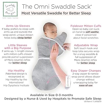 SwaddleDesigns 6-way Omni Swaddle Sack Arms Up Swaddle for Newborn, More Options to Calm Startle Reflex, Improves Sleep, Easy Transition Baby Sleep Sack, Small, 0-3 month, Heathered Gray