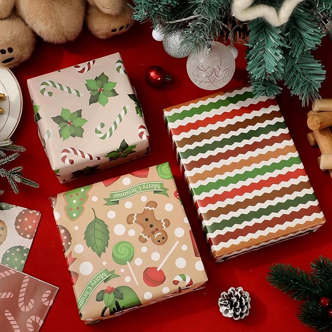 Generic AnyDesign 12 Sheets Christmas Wrapping Paper - Not Roll - Gingerbread Man Candy Canes Gift Wrap Paper Folded Flat Xmas DIY Art Craft Paper for Birthday Holiday Party, 19.7 x 27.6 Inch