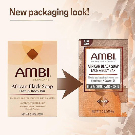 Ambi African Black Soap Face & Body Bar, Cleans and Nourishes Skin, Rinses Clear, 5.3 Ounce